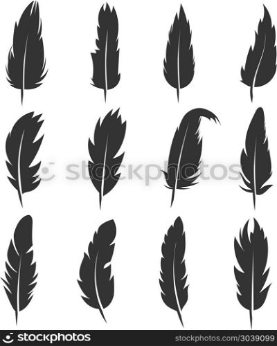 Feather, antique pen black vector icons isolated on white background. Feather, antique pen black vector icons isolated on white background. Plume for write and education illustration
