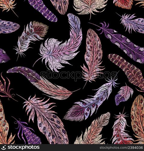 Feather embroidery. Exotic feathers print, birds fashion ethnic elements. Beauty decorative plumage, stitch tapestry nowaday, vector seamless pattern. Illustration of colorful ornament exotic bird. Feather embroidery. Exotic feathers print, birds fashion ethnic elements. Beauty decorative plumage, stitch tapestry nowaday, vector seamless pattern