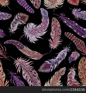 Feather embroidery. Exotic feathers print, birds fashion ethnic elements. Beauty decorative plumage, stitch tapestry nowaday, vector seamless pattern. Illustration of colorful ornament exotic bird. Feather embroidery. Exotic feathers print, birds fashion ethnic elements. Beauty decorative plumage, stitch tapestry nowaday, vector seamless pattern