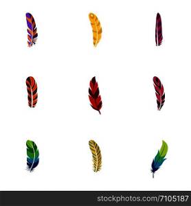 Feather icon set. Flat set of 9 feather vector icons for web design. Feather icon set, flat style