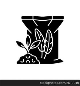 Feather meal black glyph icon. Organic soil and plants supplement. Poultry byproduct used as plant feeding. Natural additive. Silhouette symbol on white space. Vector isolated illustration. Feather meal black glyph icon