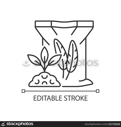 Feather meal linear icon. Organic soil and plants supplement. Poultry byproduct used as feeding. Thin line customizable illustration. Contour symbol. Vector isolated outline drawing. Editable stroke. Feather meal linear icon