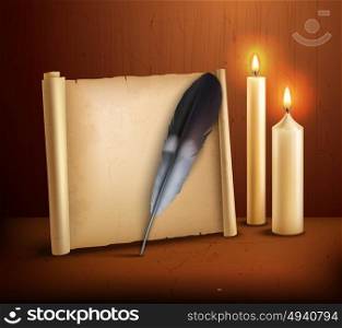 Feather Parchment Candles Realistic Background Poster . Parchment paper with feather and burning candles realistic aged style poster with wooden background vector illustration