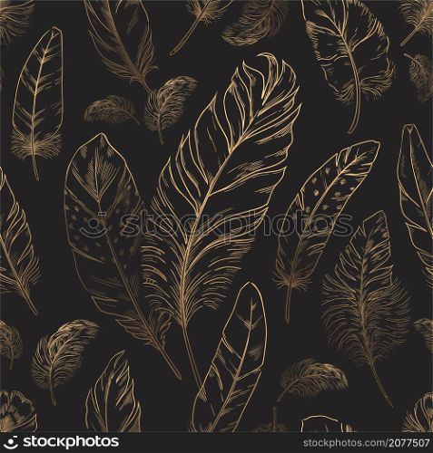 Feather pattern. Seamless texture with hand drawn bird quills. Golden plumage sketch. Black textile print design with animal wing elements. Swan or goose plume. Vector luxury decoration background. Feather pattern. Seamless texture with hand drawn bird quills. Golden plumage sketch. Black textile print with animal wing elements. Swan or goose plume. Vector decoration background