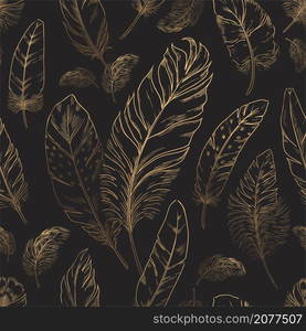 Feather pattern. Seamless texture with hand drawn bird quills. Golden plumage sketch. Black textile print design with animal wing elements. Swan or goose plume. Vector luxury decoration background. Feather pattern. Seamless texture with hand drawn bird quills. Golden plumage sketch. Black textile print with animal wing elements. Swan or goose plume. Vector decoration background