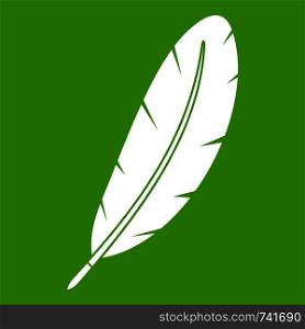 Feather pen icon white isolated on green background. Vector illustration. Feather pen icon green