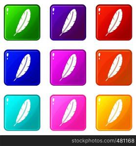 Feather pen icons of 9 color set isolated vector illustration. Feather pen set 9