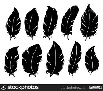 Feather silhouette. Bird wing feathers, lung quill and vintage pen or different flying weightless innocent feather. Floating quills antique isolated vector illustration icons set. Feather silhouette. Bird wing feathers, lung quill and vintage pen isolated vector illustration set