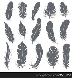 Feather silhouettes. Different feathering birds, graphic simple shapes pen decorative elements, black elegant vintage sketch plume wings vector isolated set. Feather silhouettes. Different feathering birds, graphic simple shapes pen decorative elements, black elegant sketch plume wings vector set