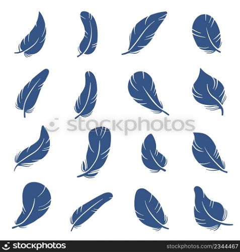 Feather silhouettes. Soft fluffy curled plumage. Blue icons. Different shapes signs. Birdy elements. Simple minimalist design. Dove and goose lightweight plume. Vector isolated feathering symbols set. Feather silhouettes. Soft fluffy curled plumage. Different shapes blue signs. Birdy elements. Simple minimalist design. Dove and goose lightweight plume. Vector feathering symbols set