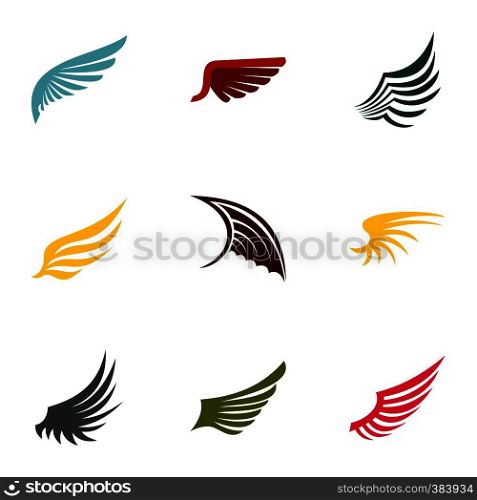 Feather wings icons set. Flat illustration of 9 feather wings vector icons for web. Feather wings icons set, flat style