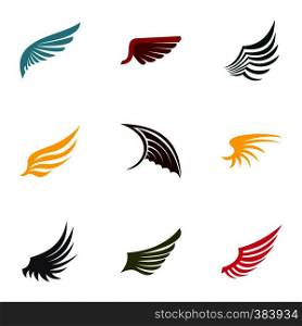 Feather wings icons set. Flat illustration of 9 feather wings vector icons for web. Feather wings icons set, flat style