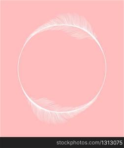 Feathers frame circle on vector pink background, Wedding and Save the Date invitation card design template. Fluffy feather quills in white circle frame, modern trendy wedding party simple decoration. Fluffy feathers frame wedding save the date design