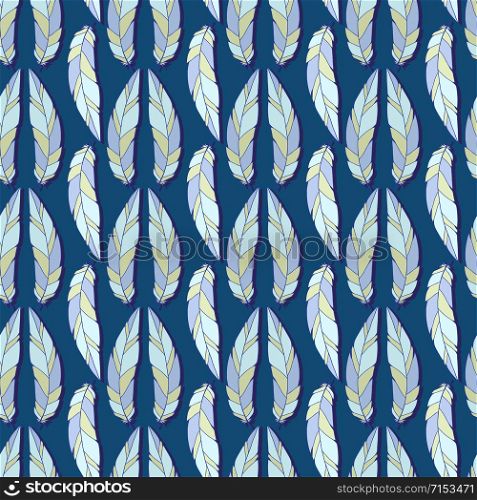 Feathers seamless pattern on blue background. Pastel pattern for fashion textile and wrap print. Boho wallpaper design. Feathers seamless pattern on blue background. Pastel pattern for fashion textile and wrap print. Boho wallpaper design.