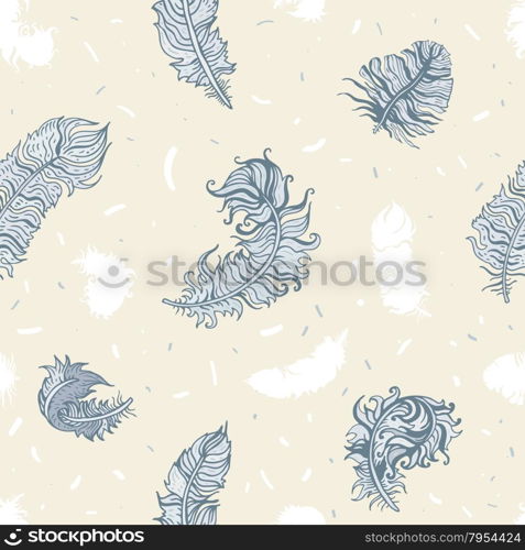 Feathers. Seamless pattern. Vintage Feathers seamless background. Hand drawn illustration