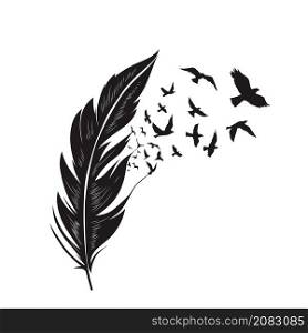 Feathers with free flying birds vector illustration , freedom bird flying from feather