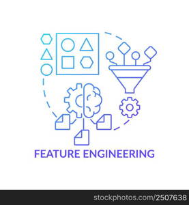 Feature engineering blue gradient concept icon. Artificial intelligence. Problem solving in machine learning abstract idea thin line illustration. Isolated outline drawing. Myriad Pro-Bold font used. Feature engineering blue gradient concept icon