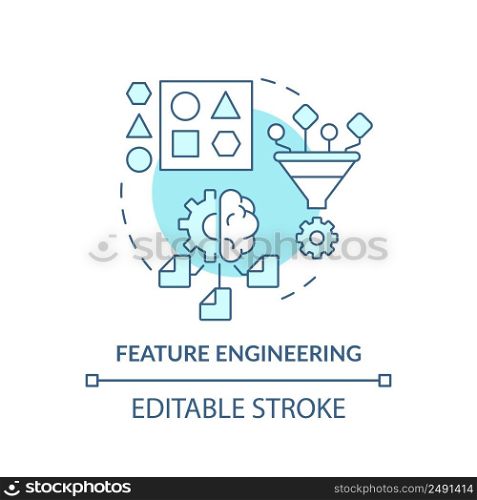 Feature engineering turquoise concept icon. Problem solving step in machine learning abstract idea thin line illustration. Isolated outline drawing. Editable stroke. Arial, Myriad Pro-Bold fonts used. Feature engineering turquoise concept icon
