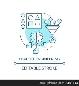 Feature engineering turquoise concept icon. Problem solving step in machine learning abstract idea thin line illustration. Isolated outline drawing. Editable stroke. Arial, Myriad Pro-Bold fonts used. Feature engineering turquoise concept icon