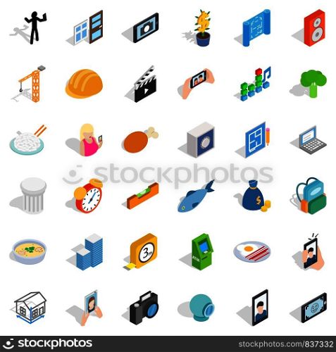 Feature icons set. Isometric style of 36 feature vector icons for web isolated on white background. Feature icons set, isometric style