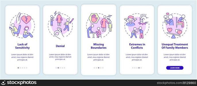 Features of dysfunctional families onboarding mobile app screen. Walkthrough 5 steps graphic instructions pages with linear concepts. UI, UX, GUI template. Myriad Pro-Bold, Regular fonts used. Features of dysfunctional families onboarding mobile app screen