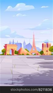 FEBRUARY 12, 2020. Vector cartoon illustration of Paris landmarks, Eiffel Tower, Louvre museum building, Notre Dame Cathedral, Triumphal Arch, France. Paris landmarks, France city skyline background