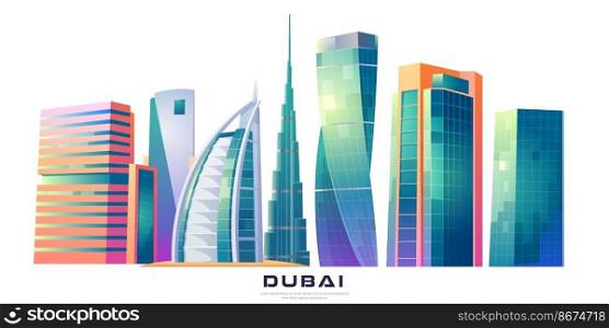 FEBRUARY 14, 2020. Cartoon vector illustration Burj Khalifa, Burj al Arab, Cayan Tower buildings, Dubai, UAE world famous architecture, megapolis futuristic skyscraper landmarks, United Arab Emirates. Dubai, UAE skyline with world famous buildings
