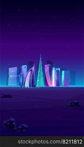 FEBRUARY 15, 2020. Cartoon vector illustration Burj Khalifa, Burj al Arab, Cayan Tower buildings, Dubai landscape at night, UAE world famous architecture landmarks, United Arab Emirates. Dubai, UAE skyline with world famous buildings