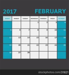 February 2017 calendar week starts on Sunday, stock vector