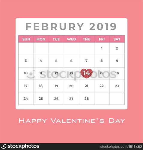 February 2019 calendar with red heart highlight at day 14 for valentine&rsquo;s day