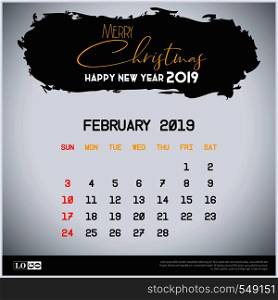 February 2019 New year Calendar Template. Brush Stroke Header Background. Vector EPS10 Abstract Template background