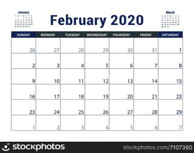 February 2020 calendar. English planner. ?olor vector template. Week starts on Sunday. Business planning. New year calender. Clean minimal table. Simple design