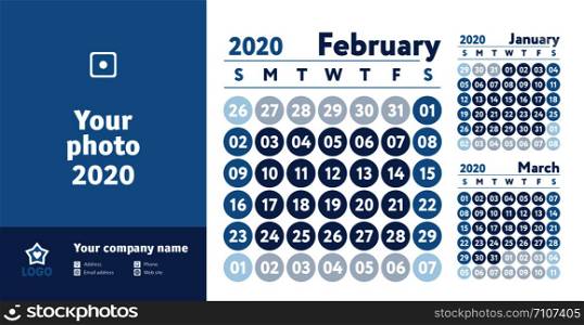 February 2020 calendar. New year planner design. English calender. Blue color vector template. Week starts on Sunday. Business planning.