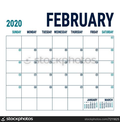 February 2020. Calendar planner. English calender template. Vector square grid. Office business planning. Creative design. Blue color