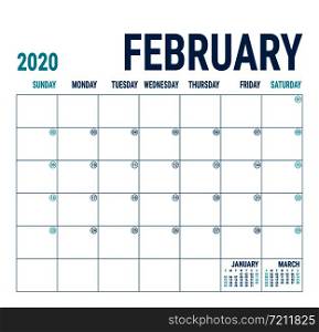 February 2020. Calendar planner. English calender template. Vector square grid. Office business planning. Creative design. Blue color