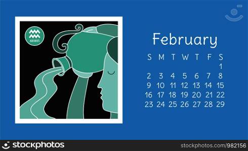February 2020. Calendar. Zodiac sign: aquarius. Vector horoscope. Astrological calender. Color design
