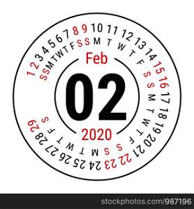 February 2020. Vector English ?alendar. Round calender. Week starts on Sunday. Design template. Circle. Second month