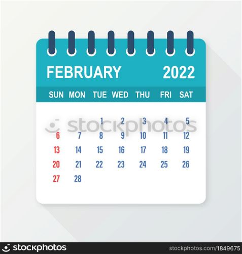 February 2022 Calendar Leaf. Calendar 2022 in flat style. Vector illustration. February 2022 Calendar Leaf. Calendar 2022 in flat style. Vector illustration.
