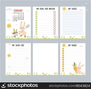 february 2023. Farm calendar for month with cute bunny farmer with garden wheelbarrow carrots and shovel. Vector set vertical templates planner, to-do list, my plan, notes. Week from Sunday, English