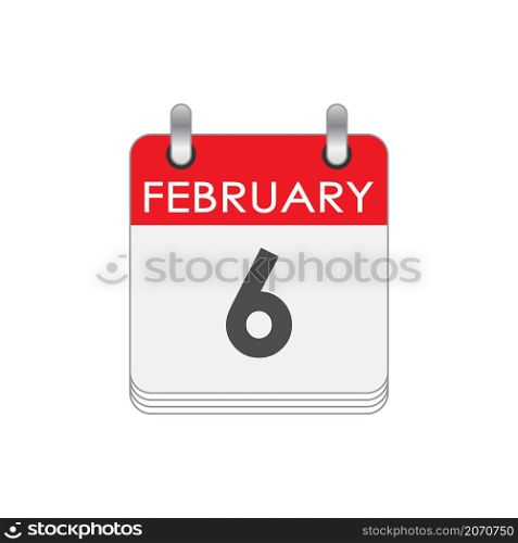 February 6. A leaf of the flip calendar with the date of February 6. Flat style.