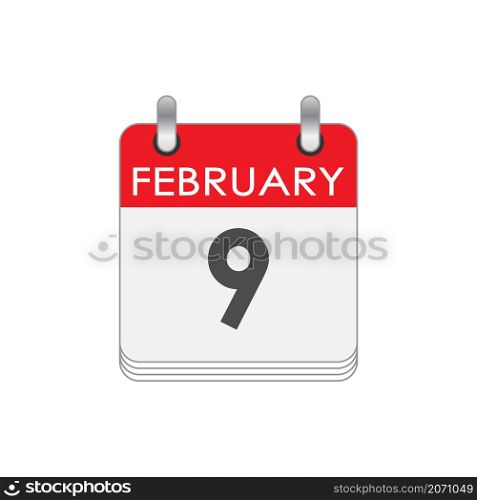 February 9. A leaf of the flip calendar with the date of February 9. Flat style.