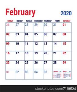 February calendar 2020. English calender template. Vector grid. Office business planning. Simple design