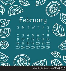 February calendar 2020. Vector English wall calender template. Kiwi fruit. Hand drawn design. Doodle sketch. Sunday