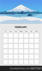 February Calendar Planner month. Minimalistic mountain snow peak landscape natural backgrounds Winter. Monthly template for diary business. Vector isolated illustration. February Calendar Planner month. Minimalistic mountain snow peak landscape natural backgrounds Winter. Monthly template for diary business. Vector isolated