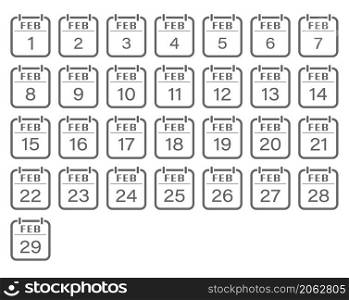 February is a month with numbers. A set of calendar sheets for a website, applications, scrapbooking and creative design. An empty contour. Flat design.