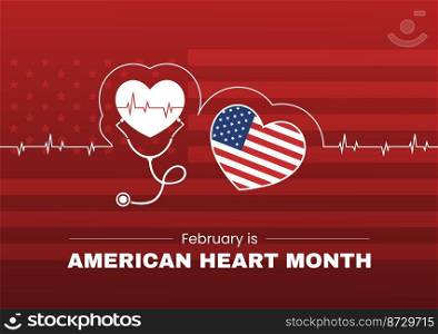 February is American Heart Month with a Pulse for Health and Overcoming Cardiovascular Disease in Flat Cartoon Hand Drawn Template Illustration