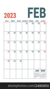 February. Planner 2023 year. English vector vertical template. Week starts on Sunday.. February. Planner 2023 year. English vector vertical template. Week starts on Sunday