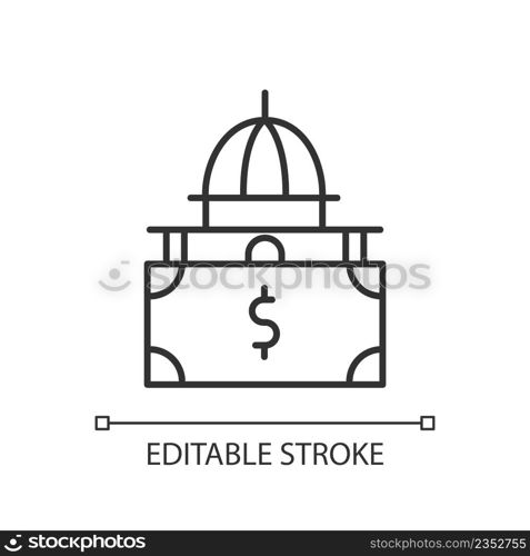 Federal financial support linear icon. Financing of inclusive education. Special needs funding. Thin line illustration. Contour symbol. Vector outline drawing. Editable stroke. Arial font used. Federal financial support linear icon
