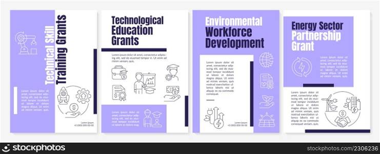 Federal grants for tech training purple brochure template. Small business. Leaflet design with linear icons. 4 vector layouts for presentation, annual reports. Anton, Lato-Regular fonts used. Federal grants for tech training purple brochure template