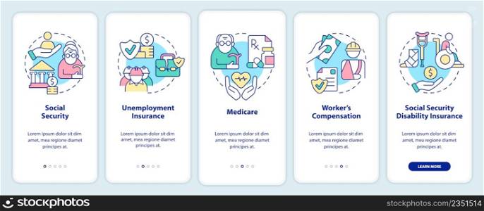 Federal social insurance includes onboarding mobile app screen. Payment walkthrough 5 steps graphic instructions pages with linear concepts. UI, UX, GUI template. Myriad Pro-Bold, Regular fonts used. Federal social insurance includes onboarding mobile app screen